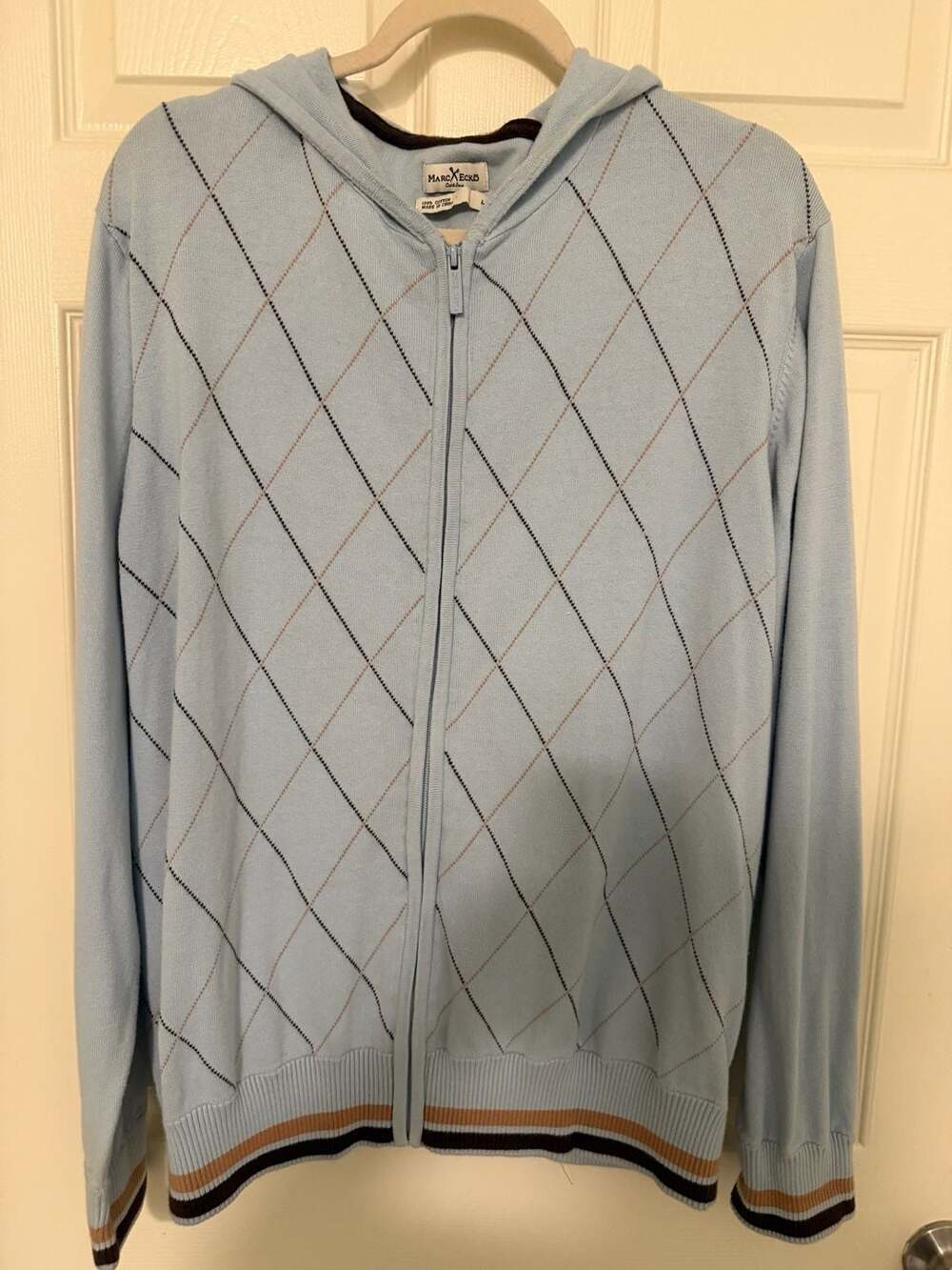 Vintage Marc Ecko Light Blue Argyle Hooded Zip-Up Sweater